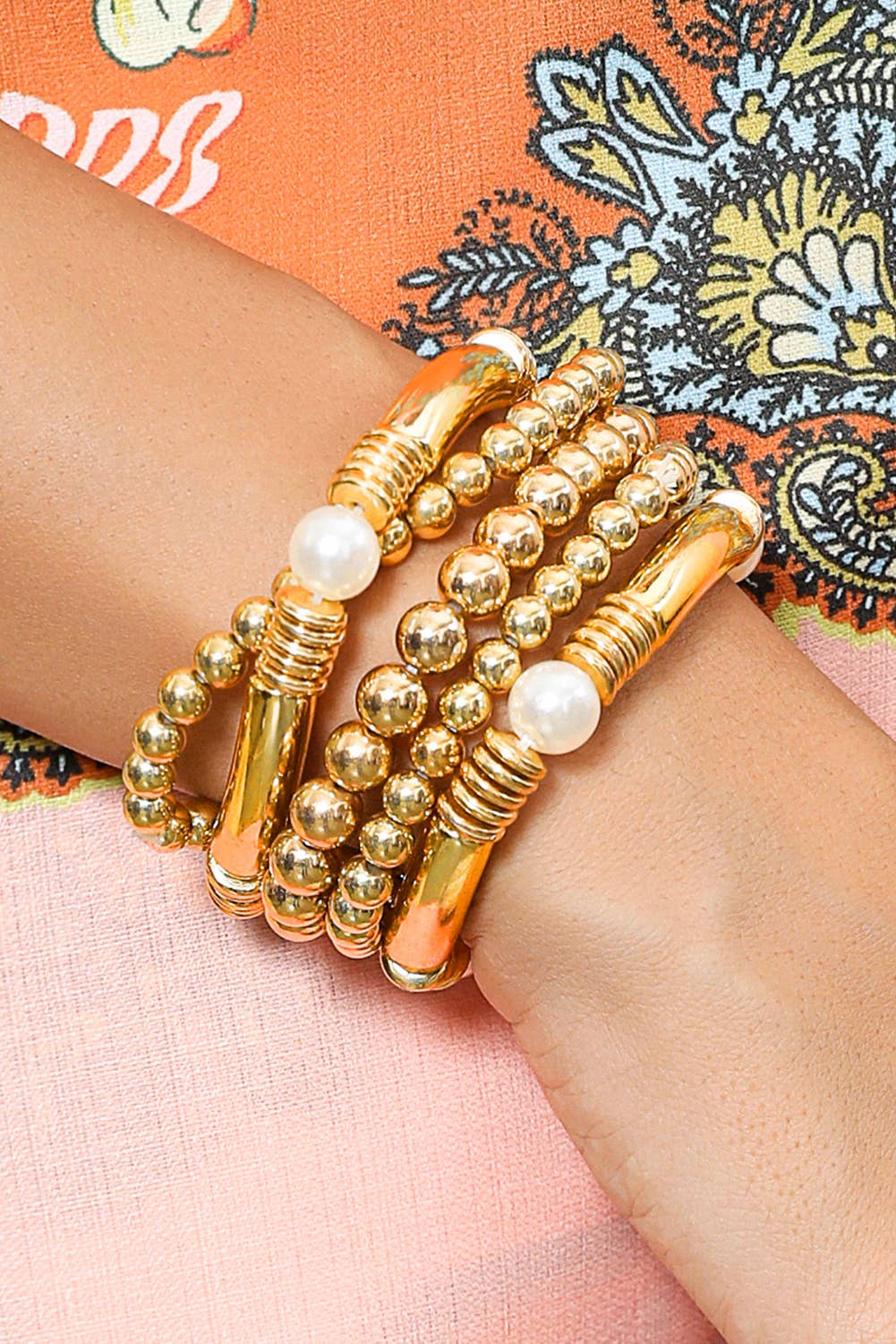 Pearl Plated Beaded Bracelet Set-5pcs