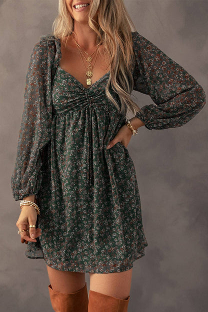 Floral Chiffon Dress Boho Smocked Babydoll Mini Dress