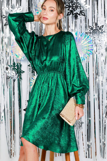 Metallic Foil Crew Neck Puff Sleeve Woven Knee Dress VD82545