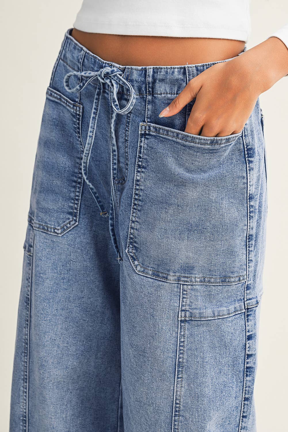 Large Patch Pocket Drawstring Paperbag Waist Jeans