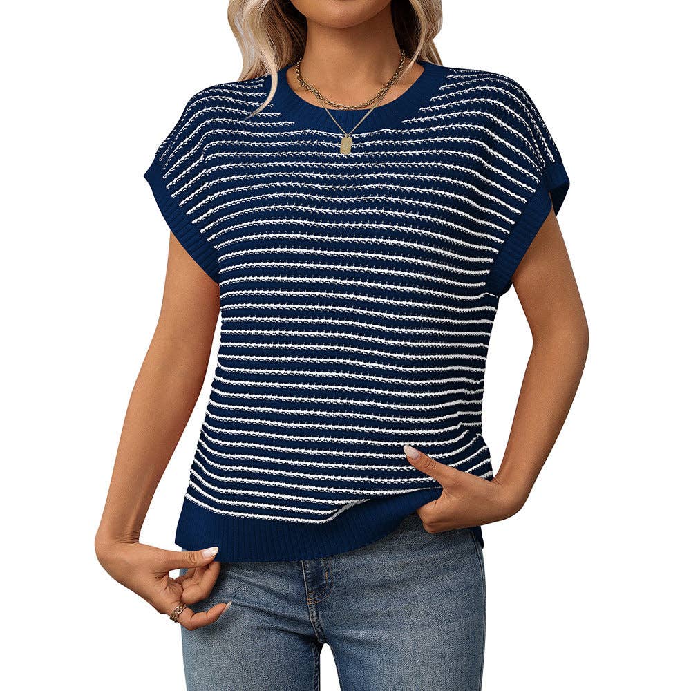 Summer Crew Neck Knit Top Casual Stripe Color Clash Sweater