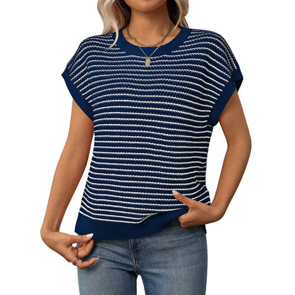 Summer Crew Neck Knit Top Casual Stripe Color Clash Sweater