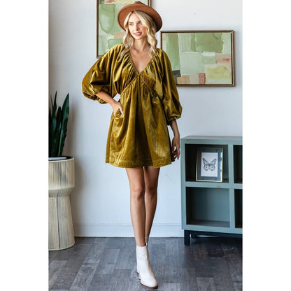 VelvetPuff Sleeve Deep V-neck Short Dress