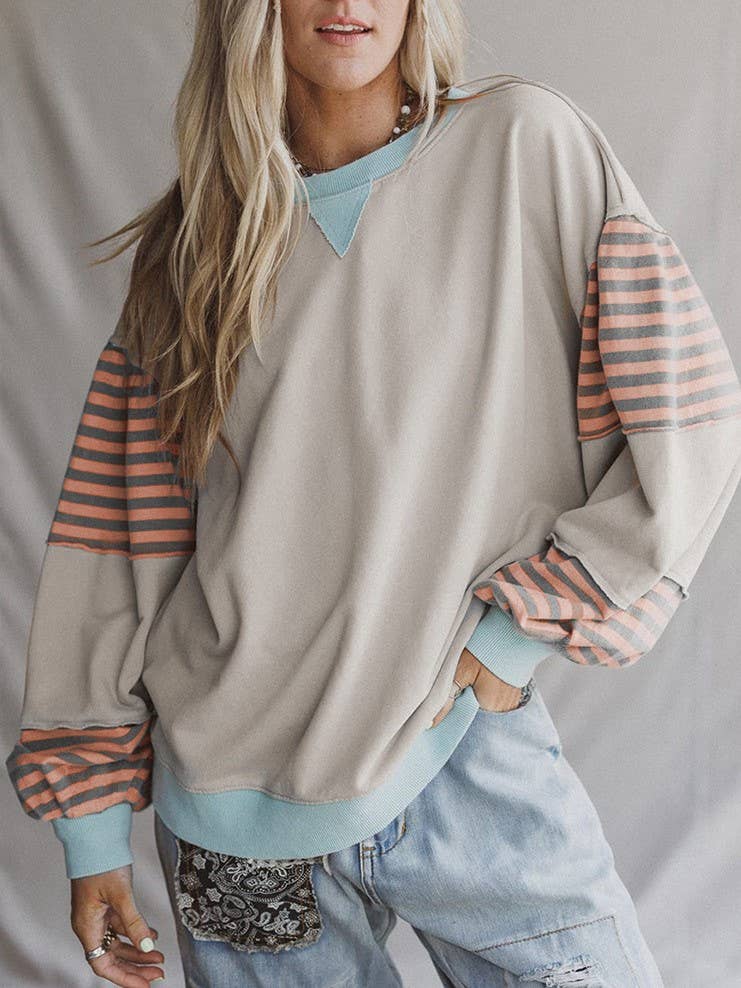 Striped Colorblock Patchwork sweatshirt crewneck