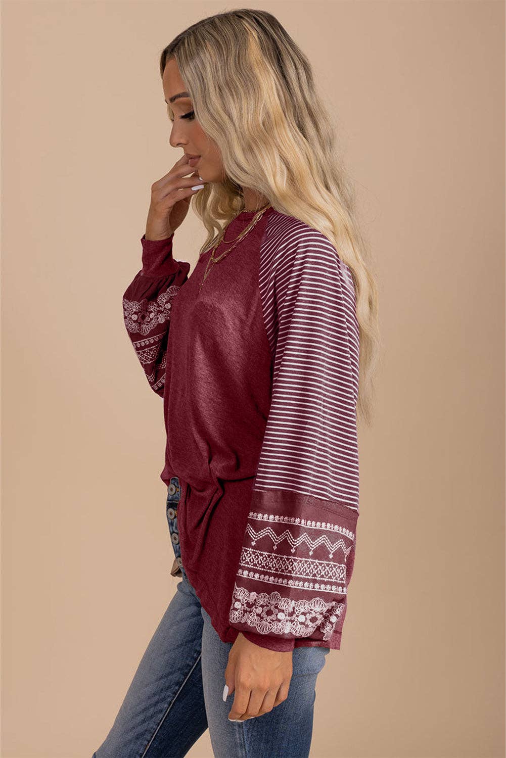 Contrast Print Striped Raglan Long Sleeve Loose Blouse