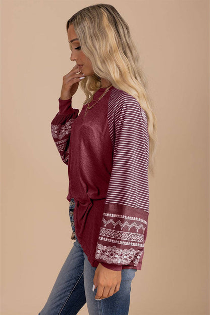 Contrast Print Striped Raglan Long Sleeve Loose Blouse