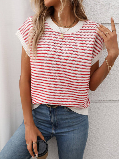 Summer Crew Neck Knit Top Casual Stripe Color Clash Sweater