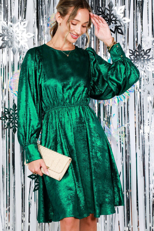 Metallic Foil Crew Neck Puff Sleeve Woven Knee Dress VD82545