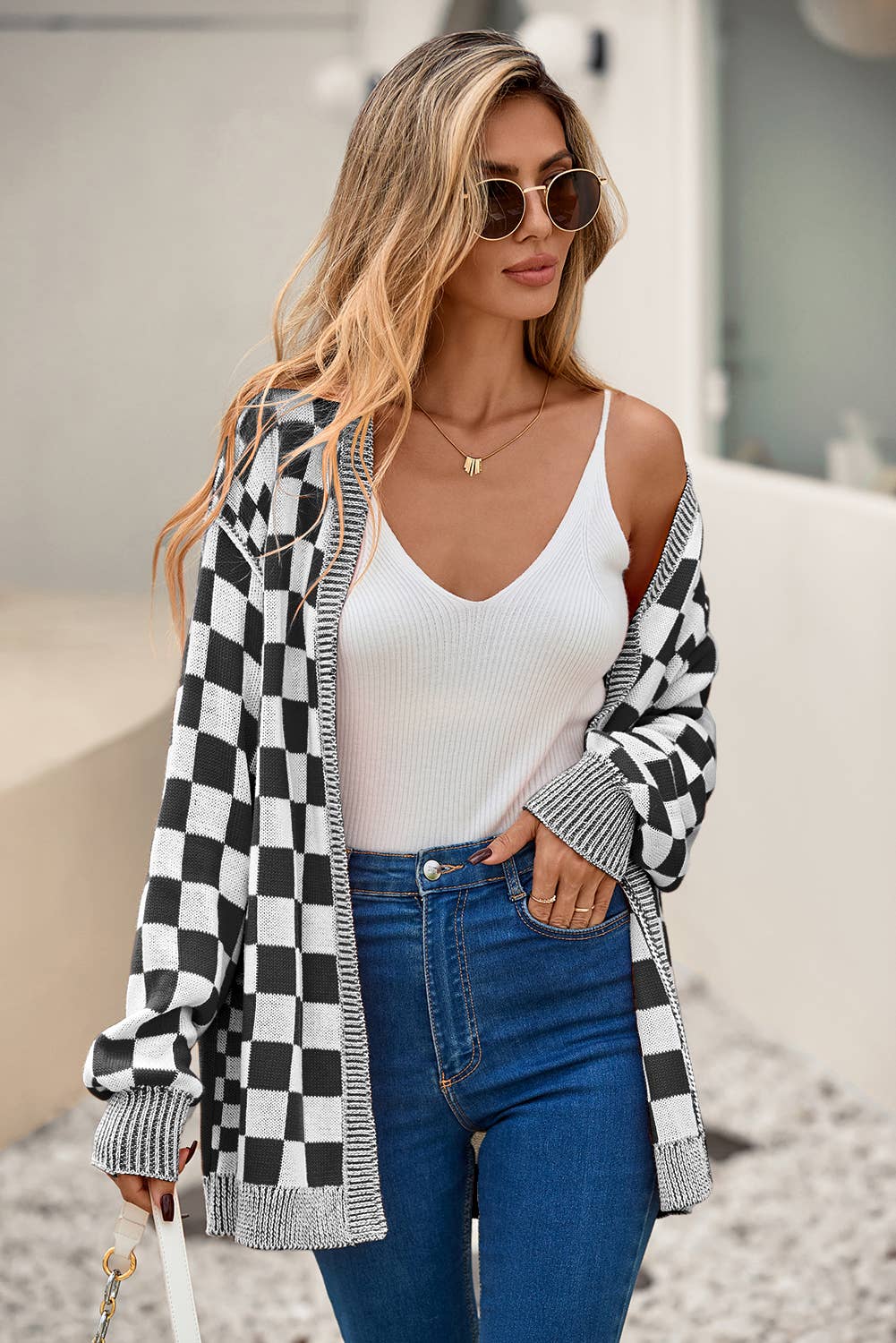 Checkered Open Front Drop Shoulder Cardigan
