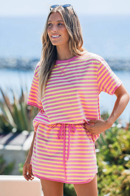 Striped Casual Short Sleeve Top and Skirt Set