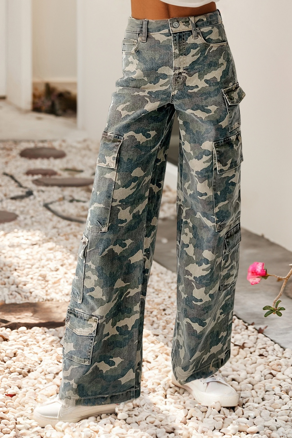 Camo Denim Cargo Wide Leg Pants