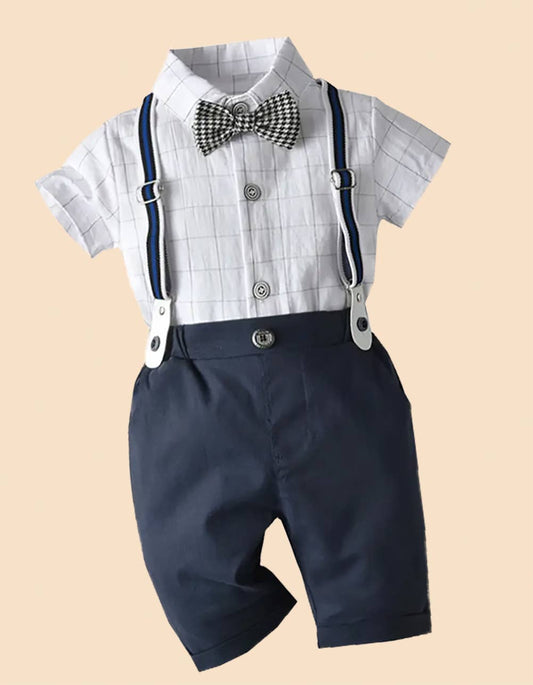 White & Navy Plaid Bowtie 3pcs Boy Outfit