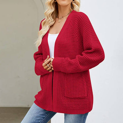 WOMEN RIBBED KNIT CARDIGAN WITH POCKETS