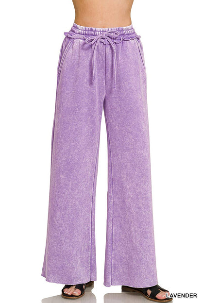 Acid Wash Fleece Palazzo Sweatpants With Pockets