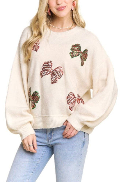 Crew Neck Knit Sweater Glitter Bow