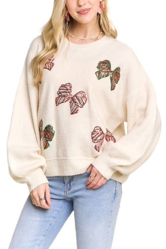 Crew Neck Knit Sweater Glitter Bow
