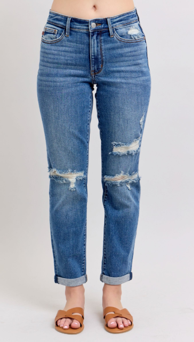 Judy Blue Medium Rise Vintage Wash Boyfriend Fit W/ Destroy -82663