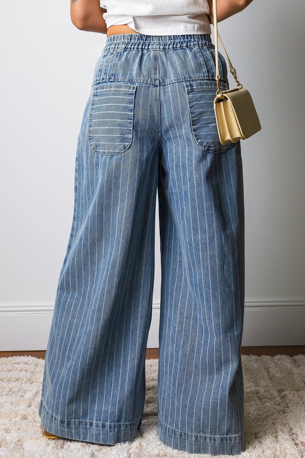 Sky Blue Striped Wide Leg Drawstring Jeans