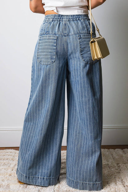 Sky Blue Striped Wide Leg Drawstring Jeans