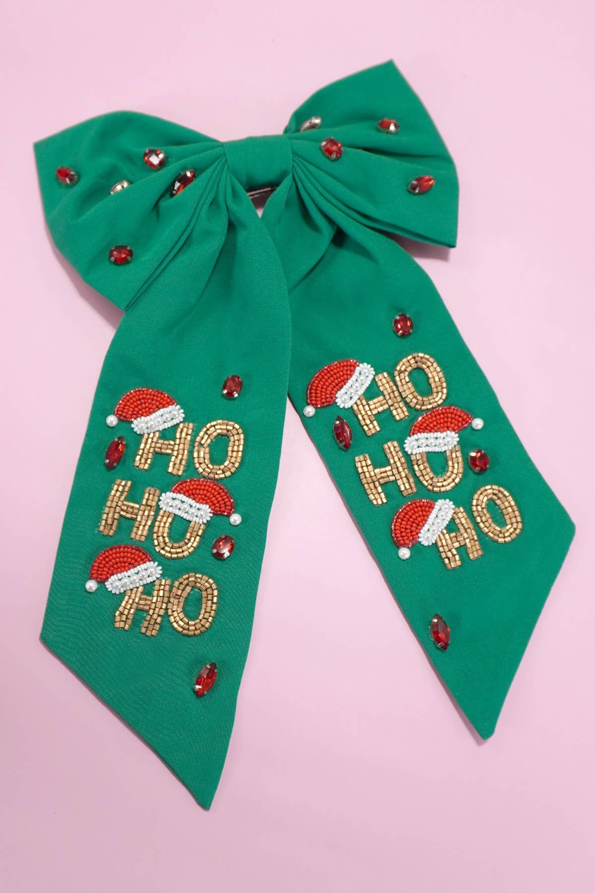 CHRISTMAS HO HO HO BOW SEED BEAD HAIR CLIPS