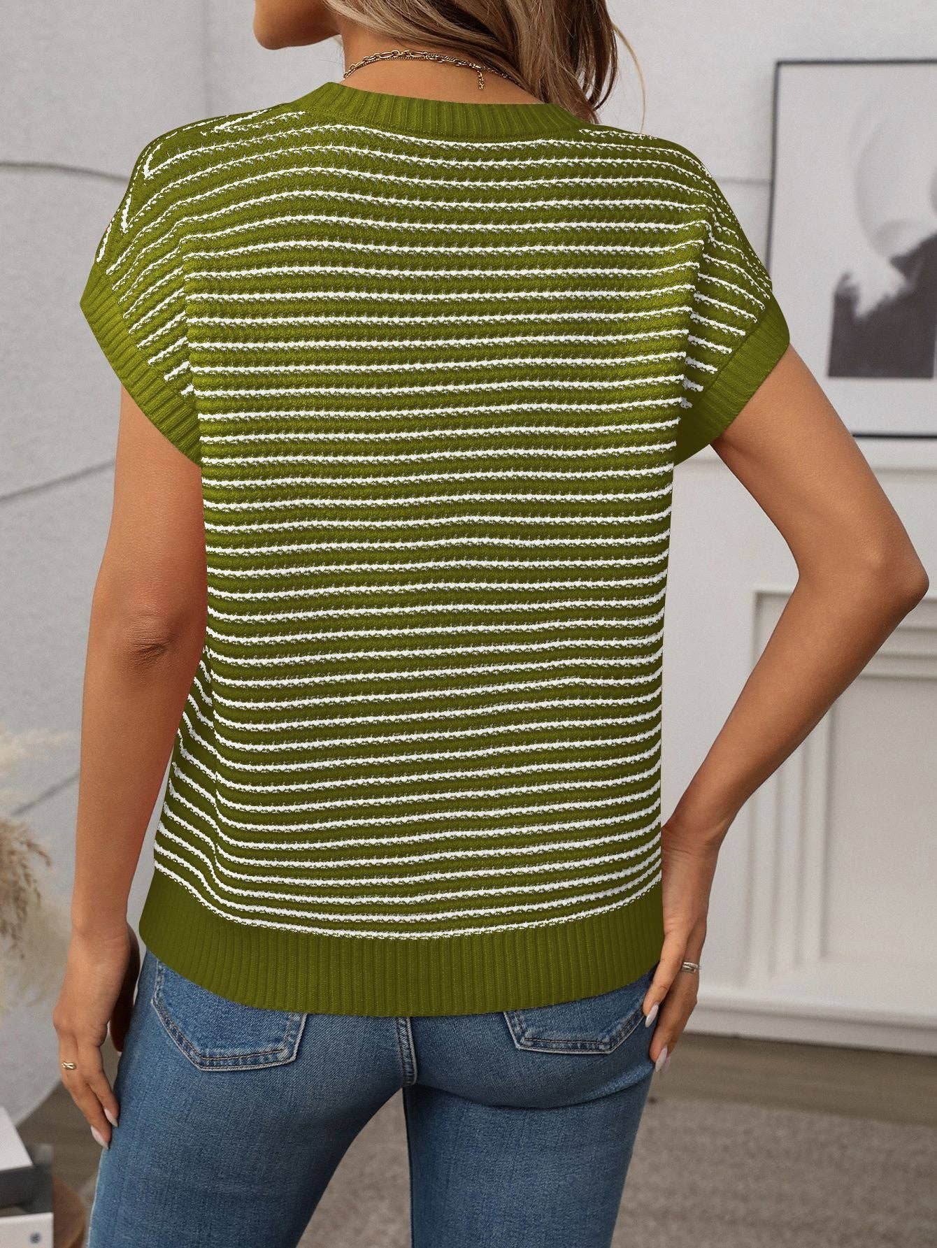 Summer Crew Neck Knit Top Casual Stripe Color Clash Sweater