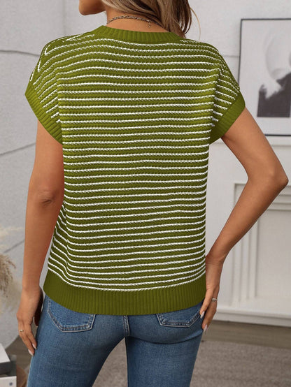 Summer Crew Neck Knit Top Casual Stripe Color Clash Sweater