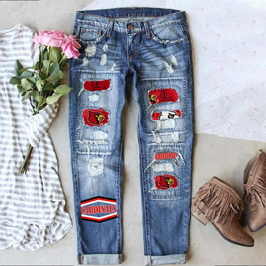 Distressed Denim Jeans with Cardinals Patchwork