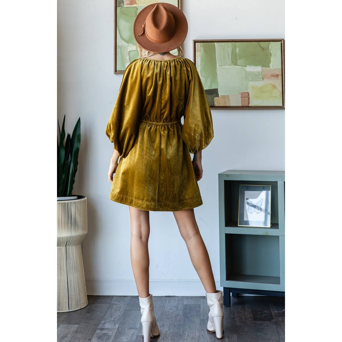 VelvetPuff Sleeve Deep V-neck Short Dress