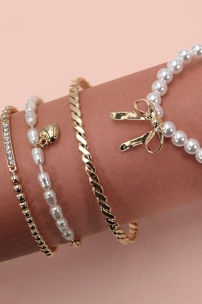 Bow Pearl Rhinestone Bar Stretch Bangle Set