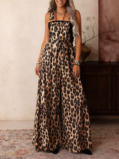 Retro Western Leopard Print Adjustable Strap Jumpsuit
