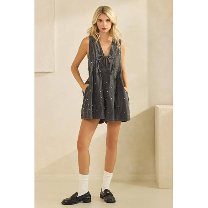 Pleated All over Pearl Denim Romper