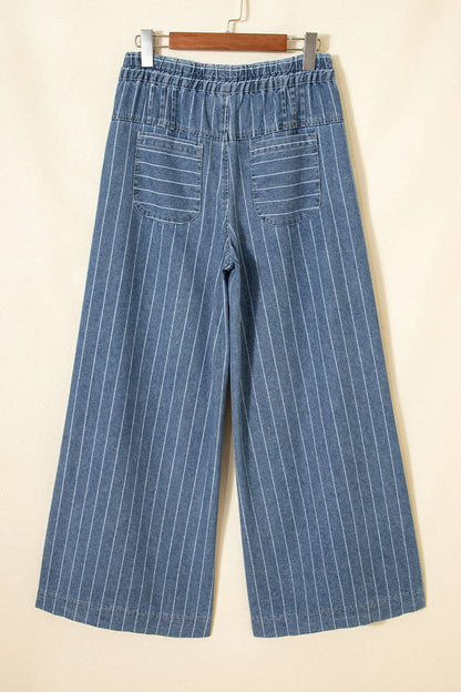 Sky Blue Striped Wide Leg Drawstring Jeans