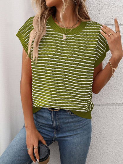 Summer Crew Neck Knit Top Casual Stripe Color Clash Sweater