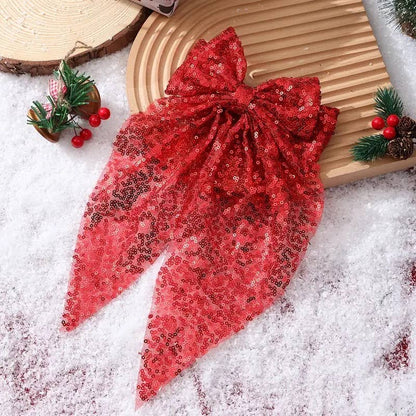 CHRISTMAS SEQUIN ORGANZA BOW RIBBON HAIR CLIPS