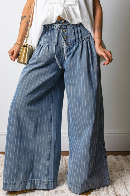 Sky Blue Striped Wide Leg Drawstring Jeans