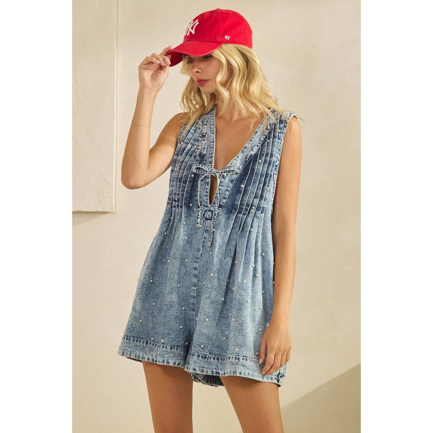 Pleated All over Pearl Denim Romper