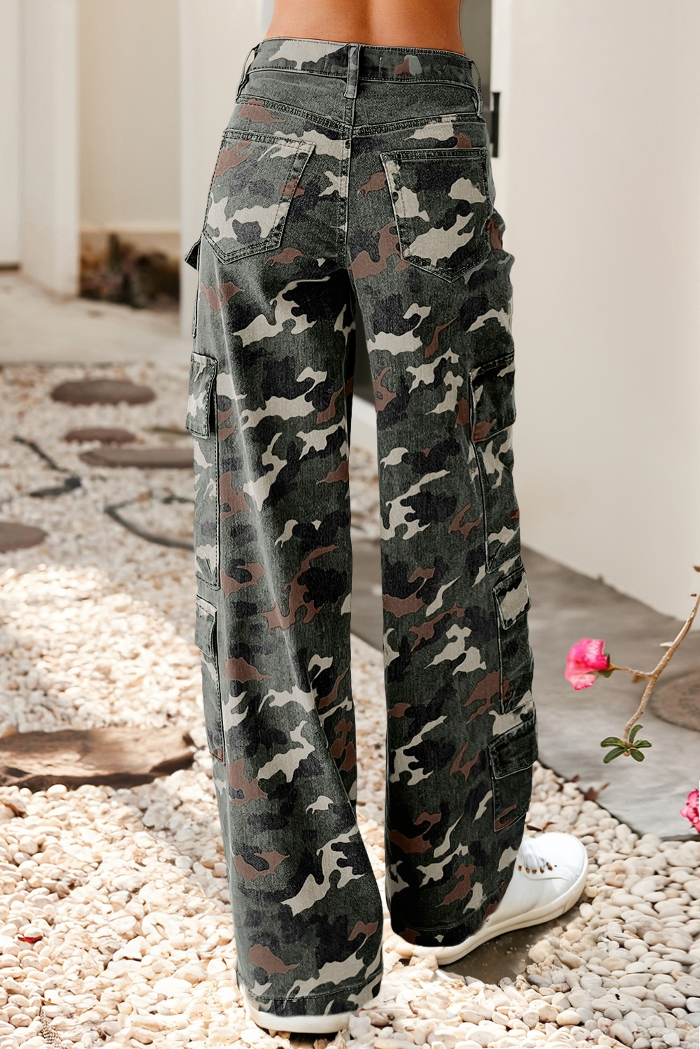 Camo Denim Cargo Wide Leg Pants