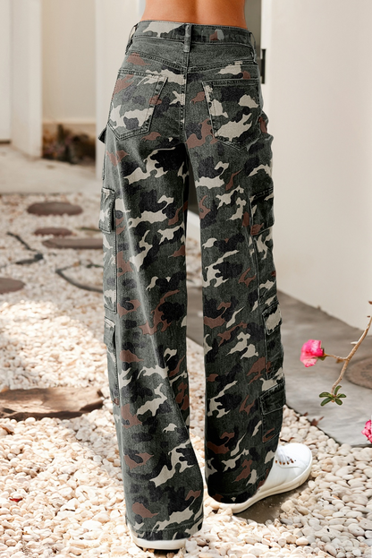 Camo Denim Cargo Wide Leg Pants