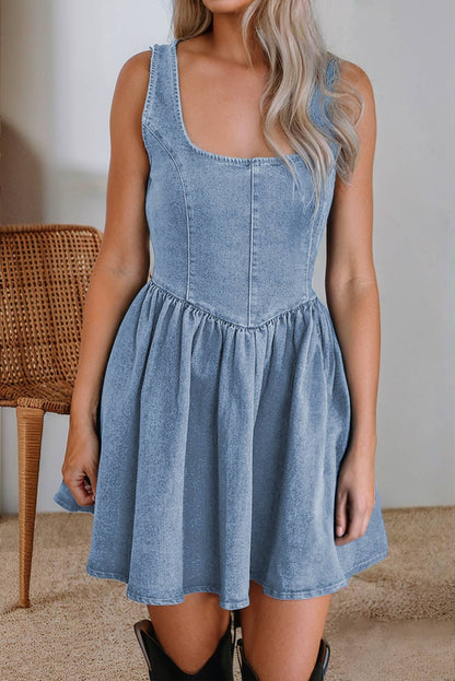 Square Neck Bowknot A-line Sleeveless Denim Dress