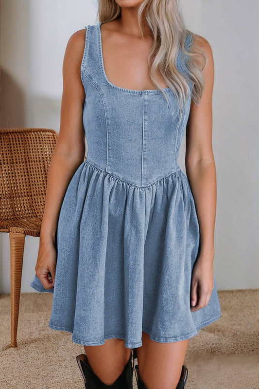 Square Neck Bowknot A-line Sleeveless Denim Dress