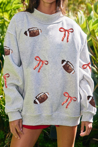 Sequin Bow Rugby Mock Neck Sweatshirt