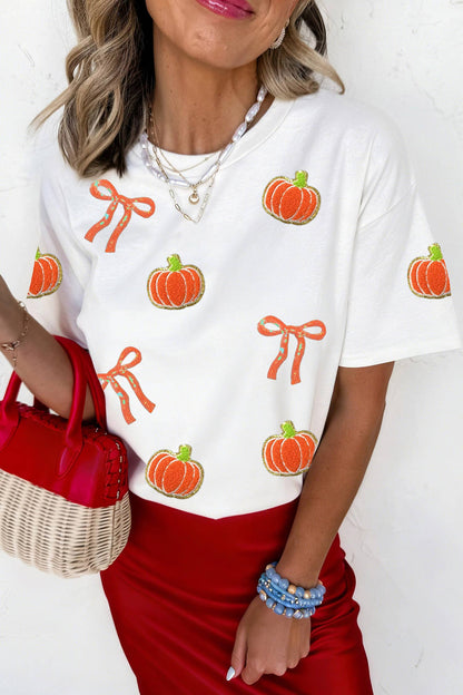 Sequin Pumpkin & Bow Fall Graphic T-Shirt