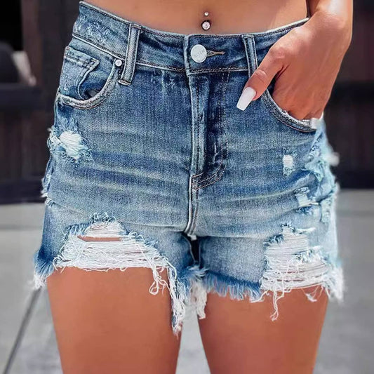 Ripped high-waisted washed micro-elastic denim shorts