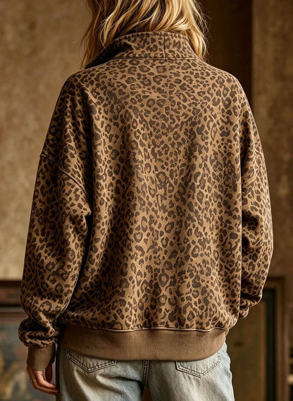 Leopard Print Half-Zip Oversized Sweatshirt