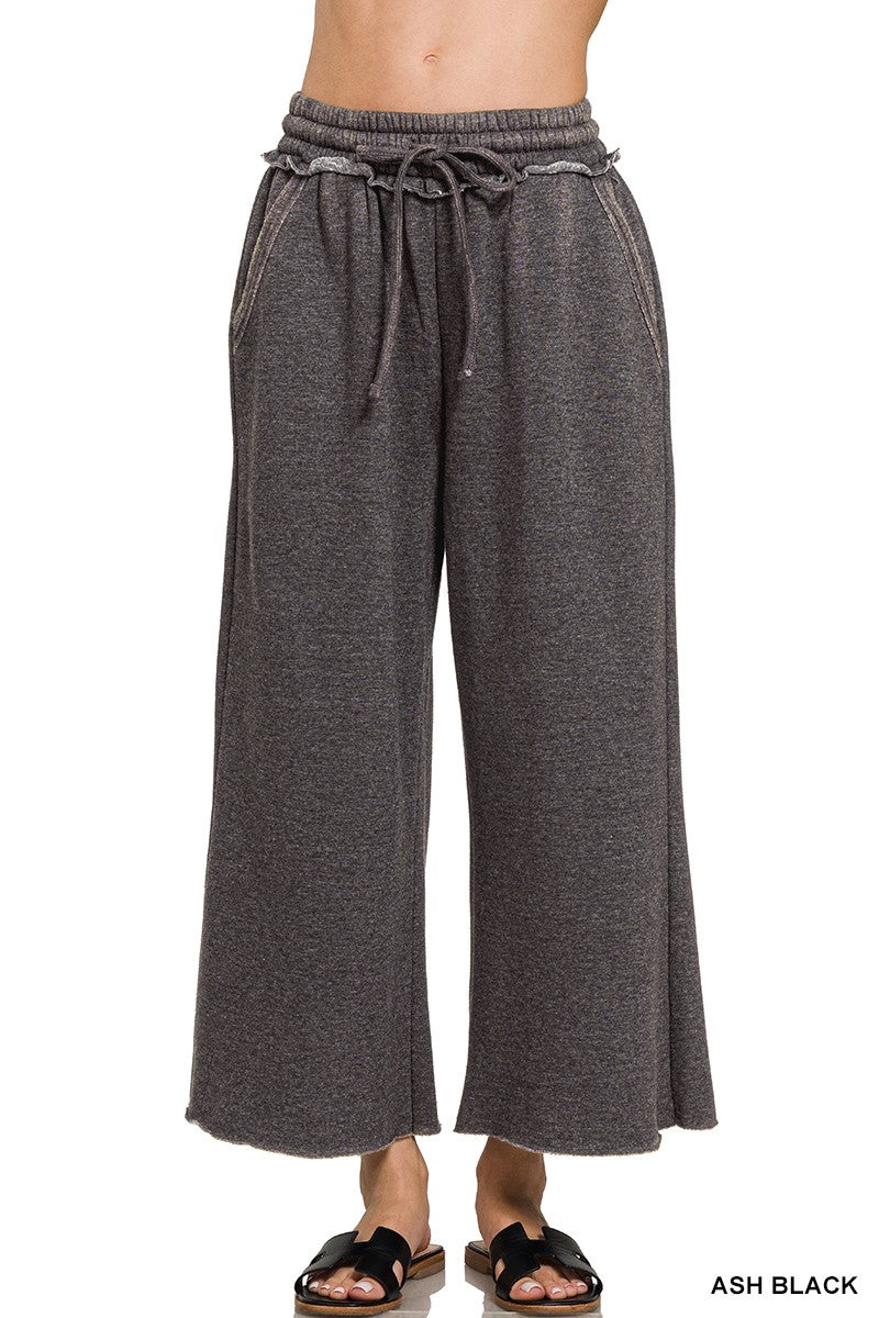 Acid Wash Fleece Palazzo Sweatpant Capris With Pockets