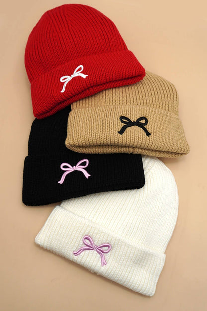SOFT RIBBED KNIT BOW ACCENT BEANIES HAT