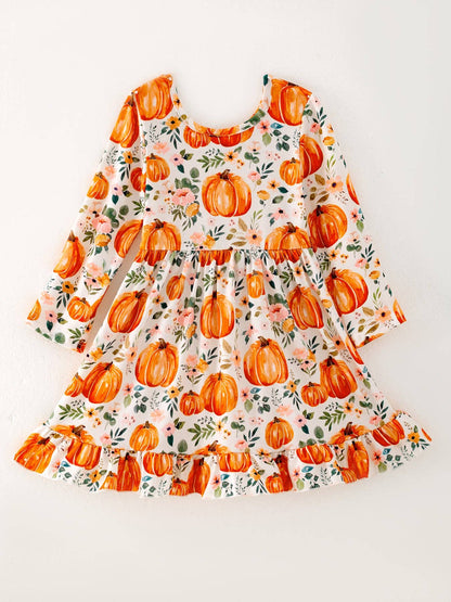 Pumpkin Print Long Sleeve Dress