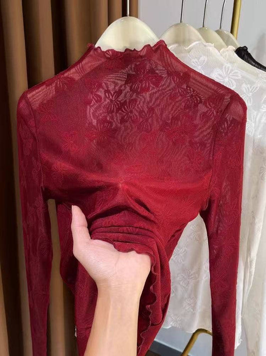 Mesh Bow Printed Long Sleeve Top