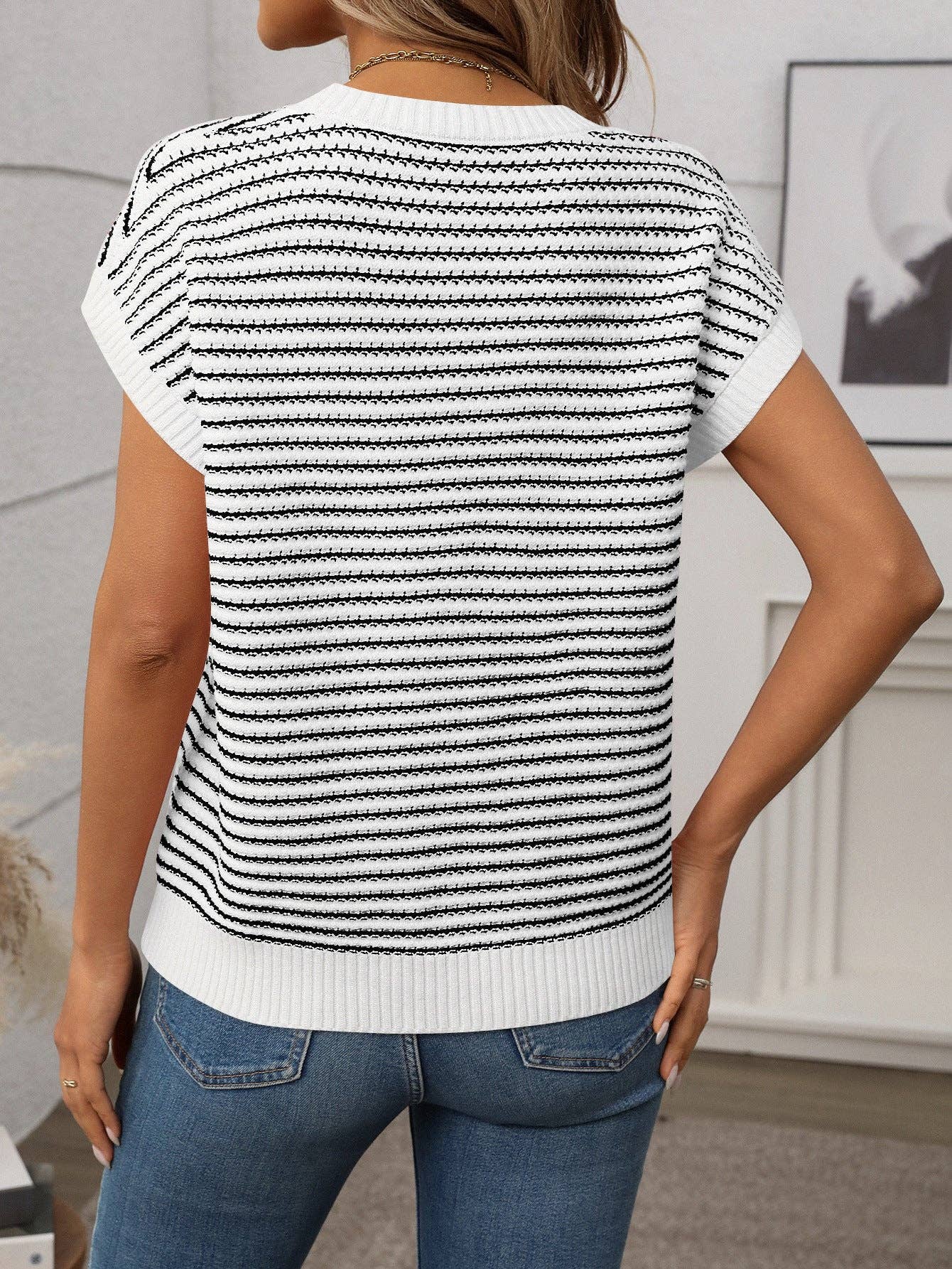 Summer Crew Neck Knit Top Casual Stripe Color Clash Sweater