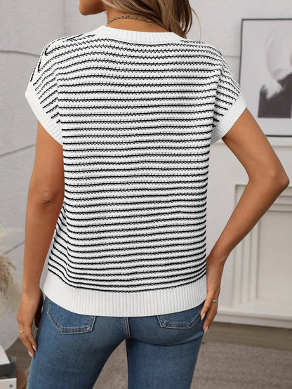 Summer Crew Neck Knit Top Casual Stripe Color Clash Sweater